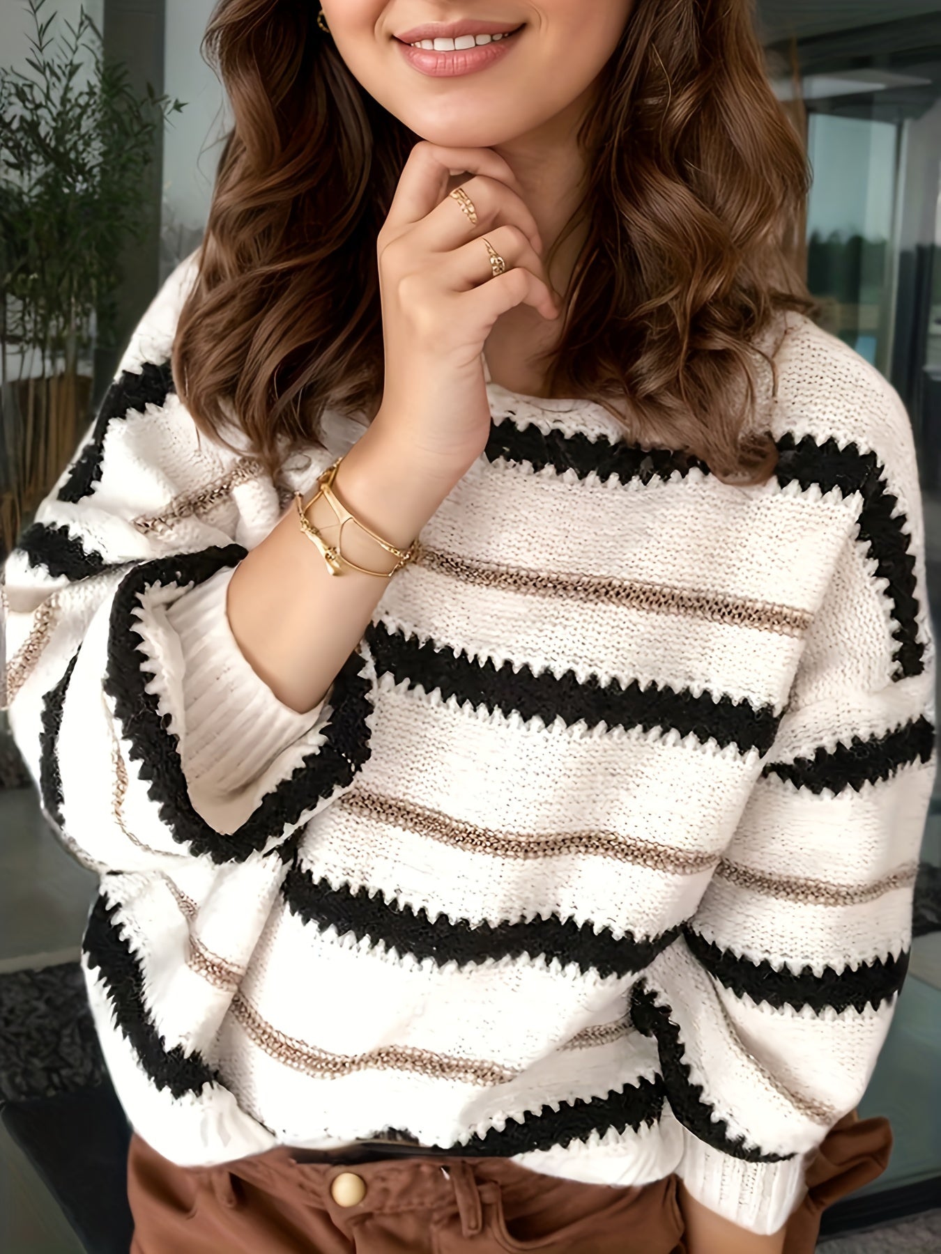 Women's Autumn And Winter Commuting Pullover, Striped Casual Long Sleeved Knitted Sweater - DropOnline.co