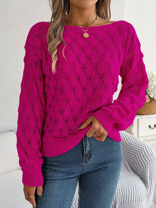 Women Casual Feather Hollow Out Off-Shoulder Lantern Sleeve Sweater