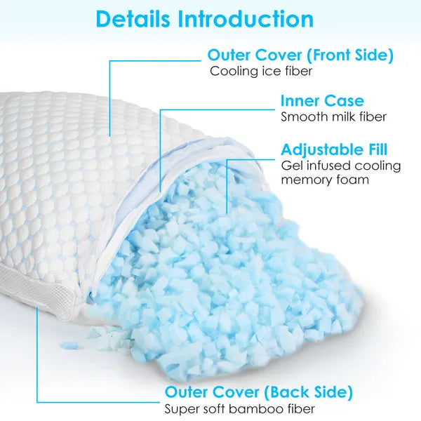 1Pc Shredded Memory Foam Pillow Adjustable Cool Pillow With Extra Filling Machine Washable Cover For Side Back Stomach Sleepers - DropOnline.co