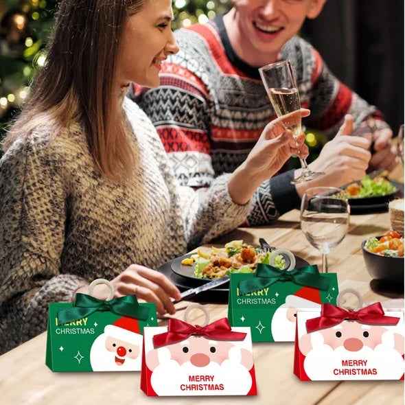 10 Pcs Christmas Candy Boxes with Ribbon & Wooden Ring - Santa Pattern Treat Box - DropOnline.co