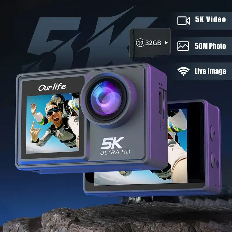 Ourlife 5K 30fps Action Cam 50MP EIS Wifi Wireless Dual Dcreen Vlog Camera With 32GB Memory Card - DropOnline.co