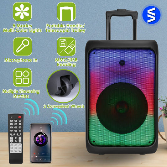 1Pc Portable Wireless Party Speaker Party Speaker With With 5 Colorful Lighting Modes TWS FM USB MMC Slot Aux In Recording Mic Priority Trolley Handle 2 Wheels Remote Control - DropOnline.co