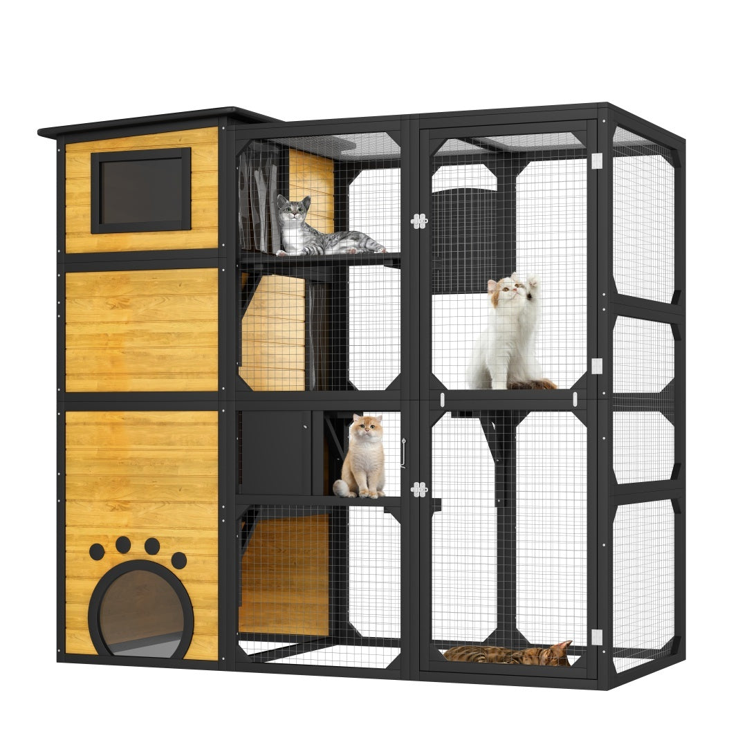 GO Large Cat Catio 4 Tiers Cat Enclosure For Outdoor, Cat House Weatherproof Attached To Window For Multiple Cats With Platforms And Resting Rooms, Brown - DropOnline.co