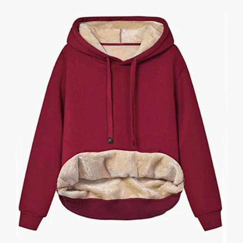 Autumn And Winter Warm Lamb Fleece Pocket Hooded Sports Sweatshirt Jacket For Women - DropOnline.co