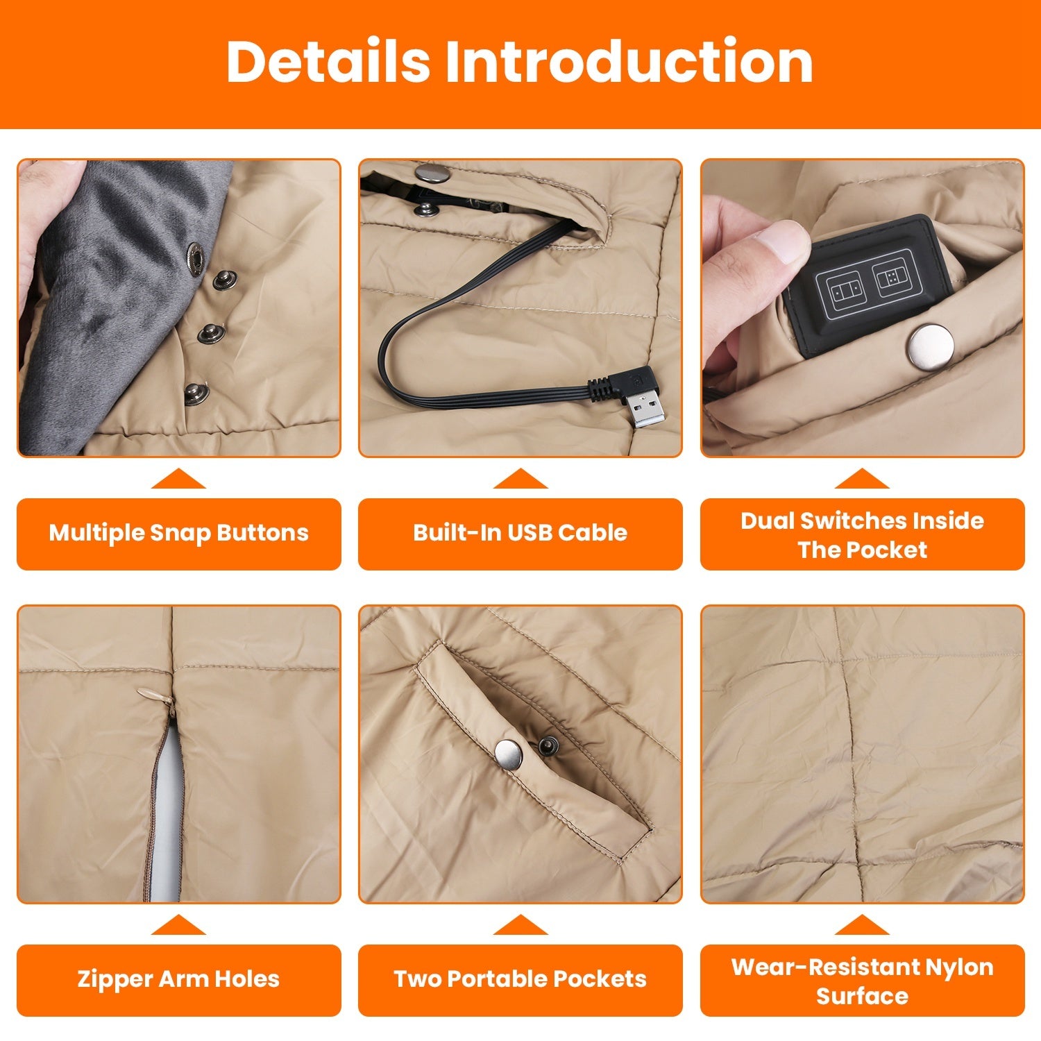 USB Heated Blanket - Electric Heated Poncho Shawl with 3 Heating Levels & 6 Zones - DropOnline.co