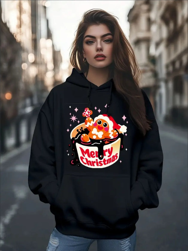 Women'S Fashion Christmas Cute Cartoon Gingerbread Man Stars Coffee Mug Print Hoodies Long Sleeve Hood Sweatshirt Loose Fit Tops Fall Streetwear - DropOnline.co