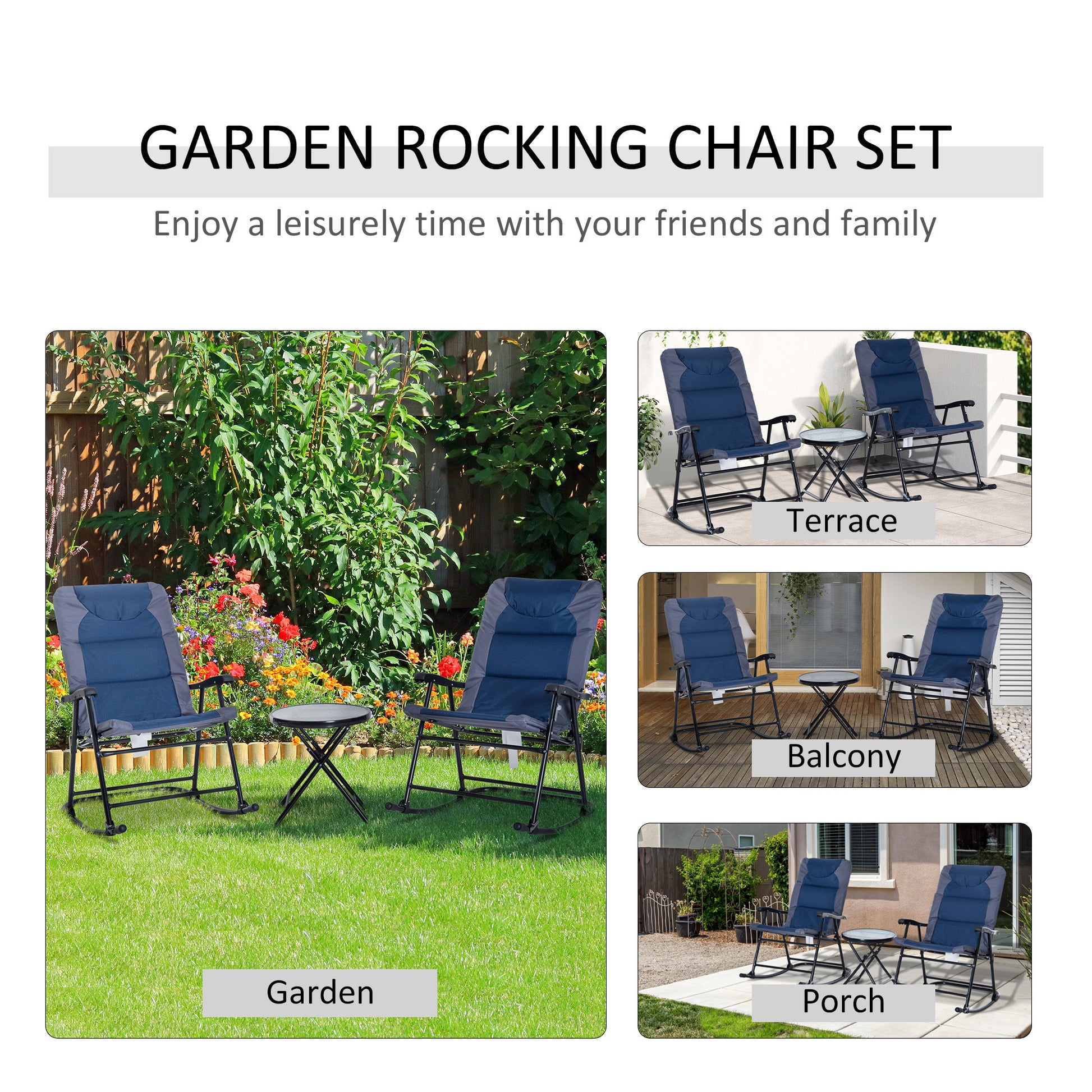 3 Piece Blue Rocking Bistro Set  Patio Chairs   Glass Coffee Table - DropOnline.co