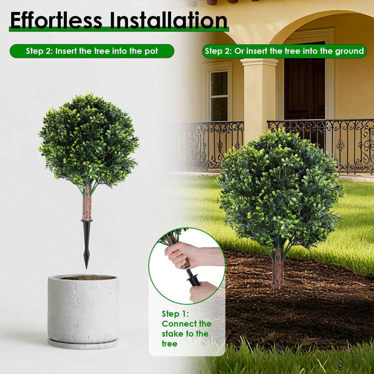 2 Packs Faux Boxwood Ball Trees - Artificial Topiary with Ground Spike