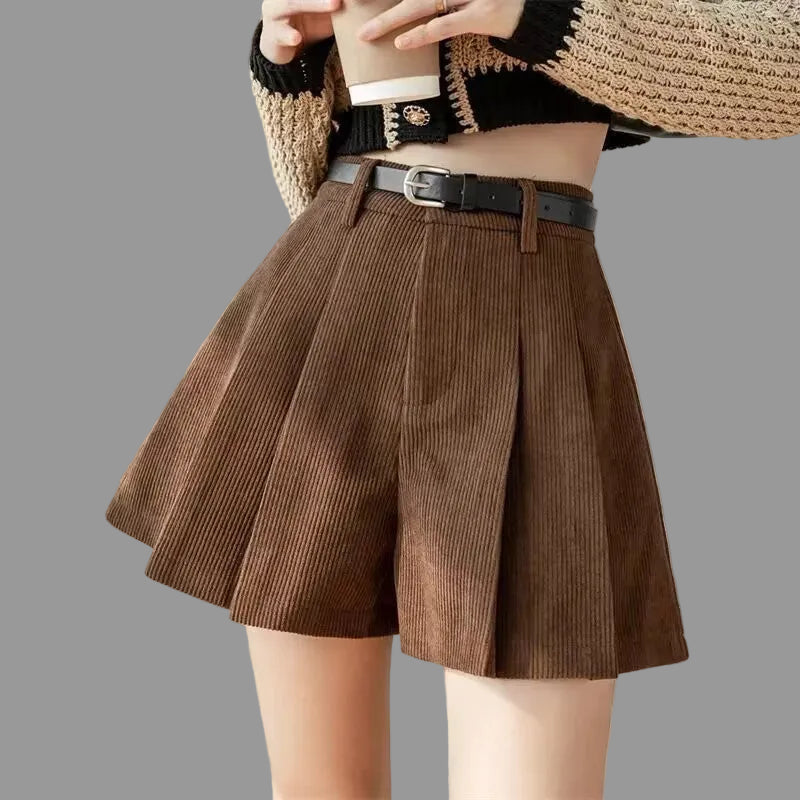 Corduroy Pleated Slim Casual Wide-leg Shorts Women