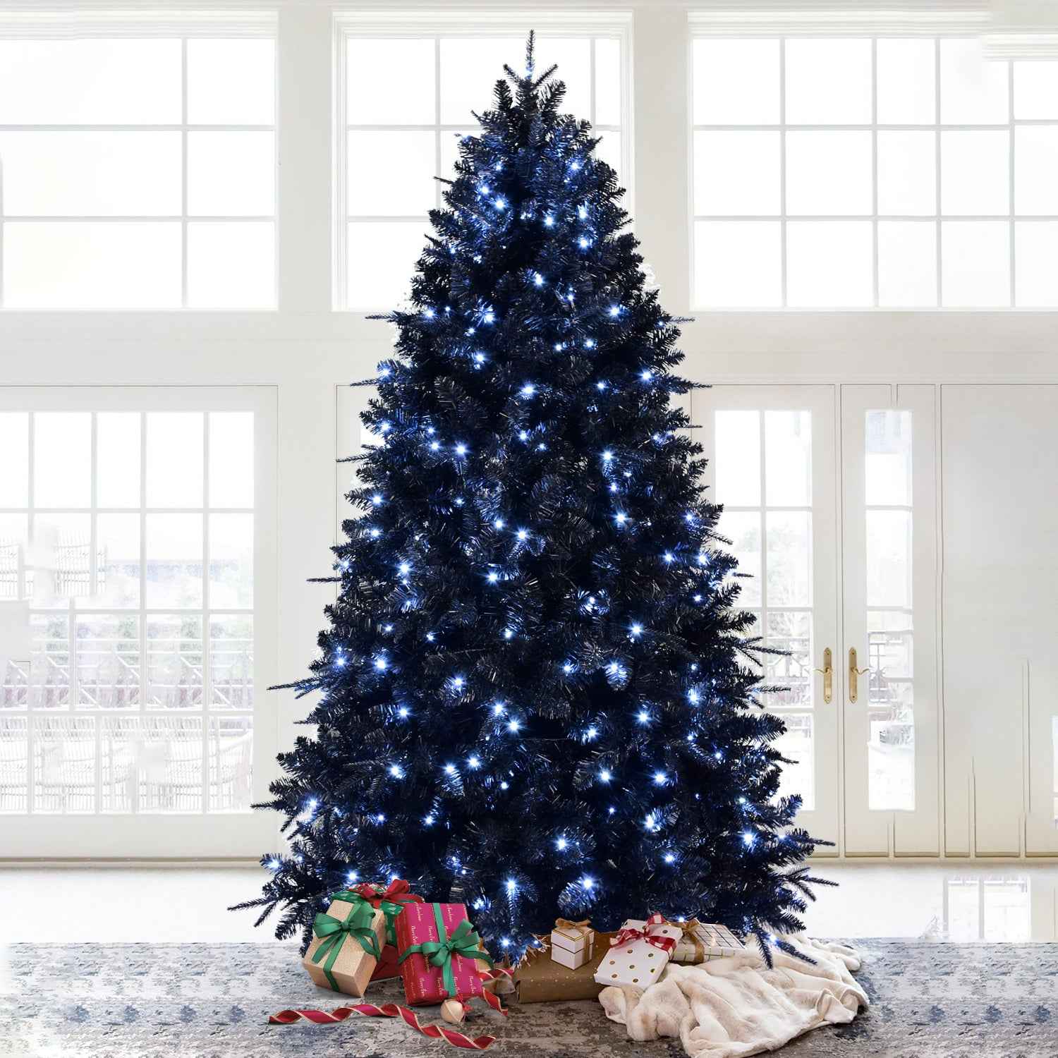 Prelit Black Christmas Tree with White Lights - PE&PVC Halloween & Xmas Tree - DropOnline.co