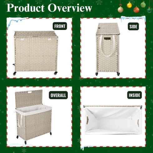 Laundry Hamper with Lid - PE Rattan 160L with Removable Bags & Wheels, Gray - DropOnline.co