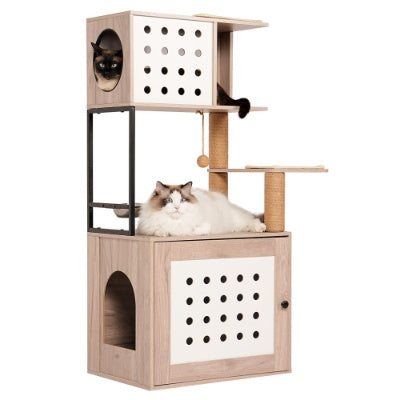Cat Tree With Litter Box Enclosure, Allinone Cat Tower For Indoor Cats With Large Hammock, Bed, Food Station, Scratching Posts, Modern Style Pet Furniture, Gray White - DropOnline.co