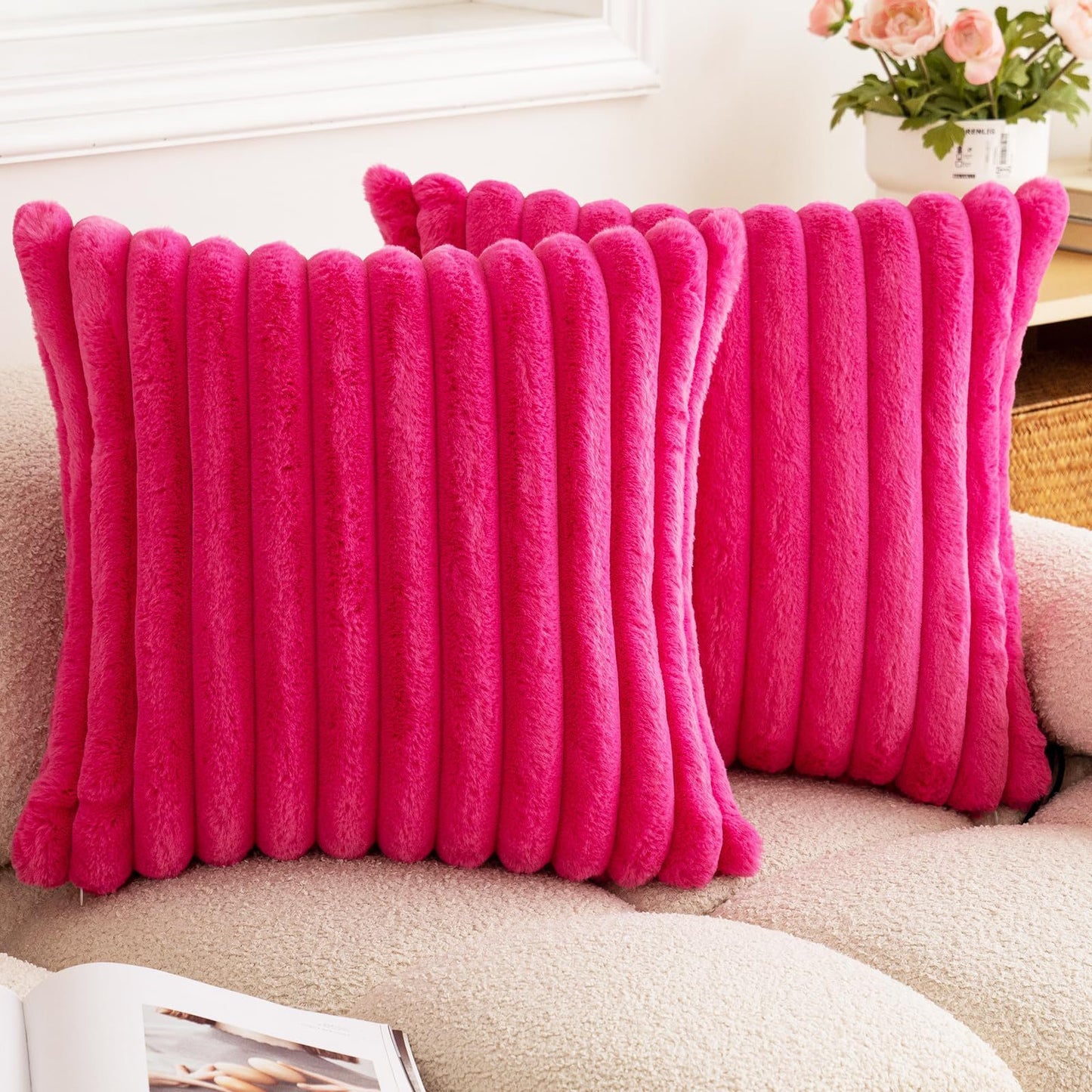 Rabbit Fur Solid Color Vertical Bar Plush Square Cushion Cover - DropOnline.co