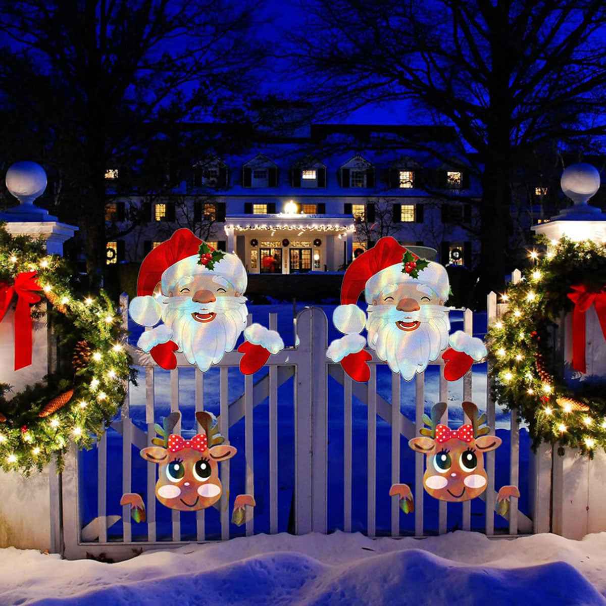 Christmas Fence Peeker Decoration - Peeking Santa & Elk with Stickers for Outdoor Display - DropOnline.co
