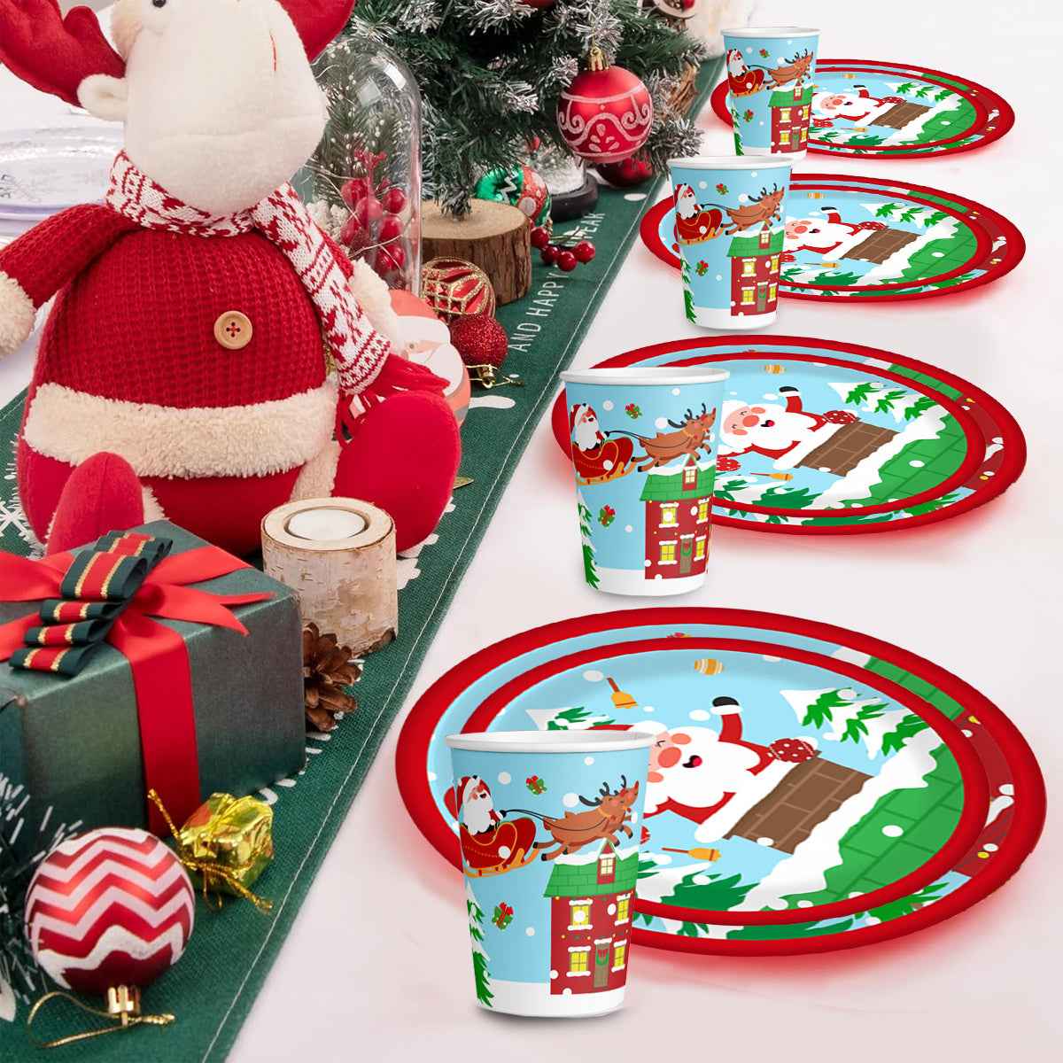 Christmas Paper Plates and Cups Set for 10 Guests - Santa Claus Elk Pattern - DropOnline.co