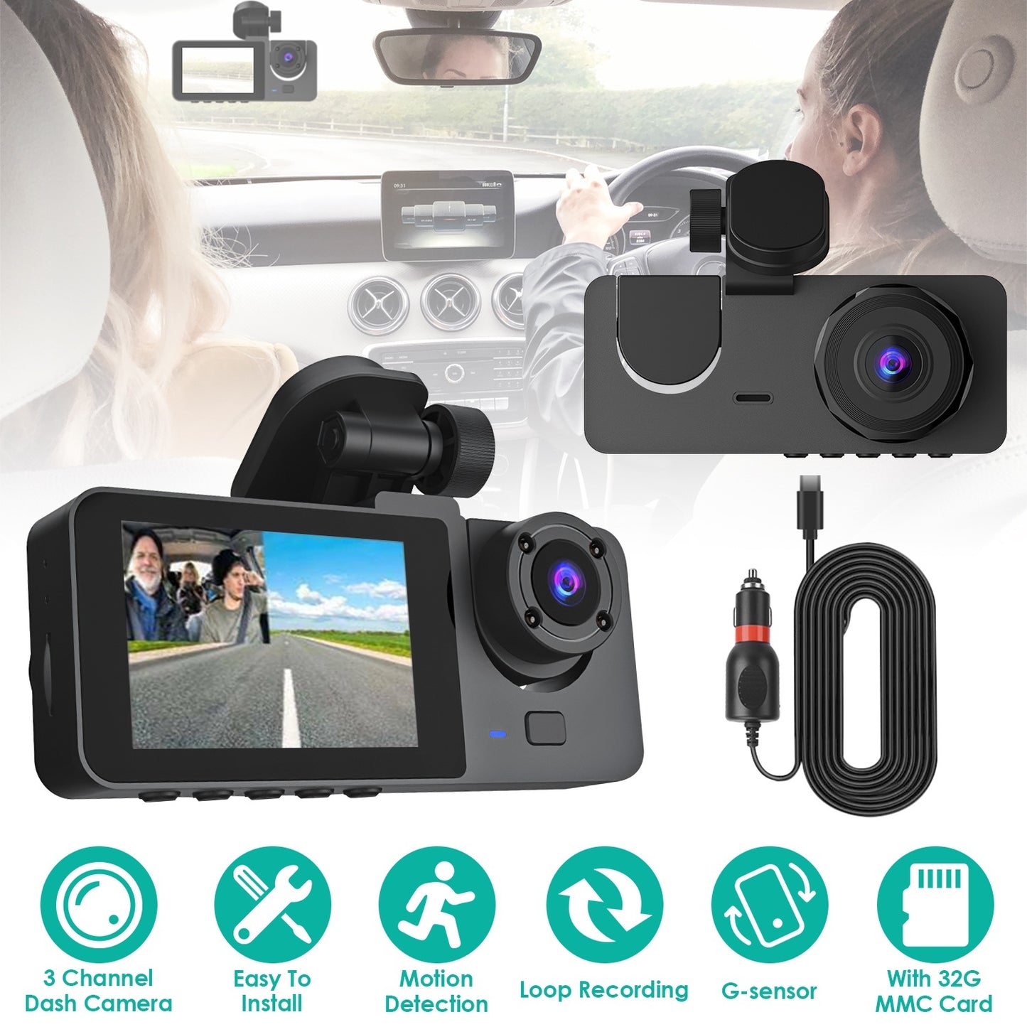3-channel Car Camera With 32GB MMC Card - DropOnline.co