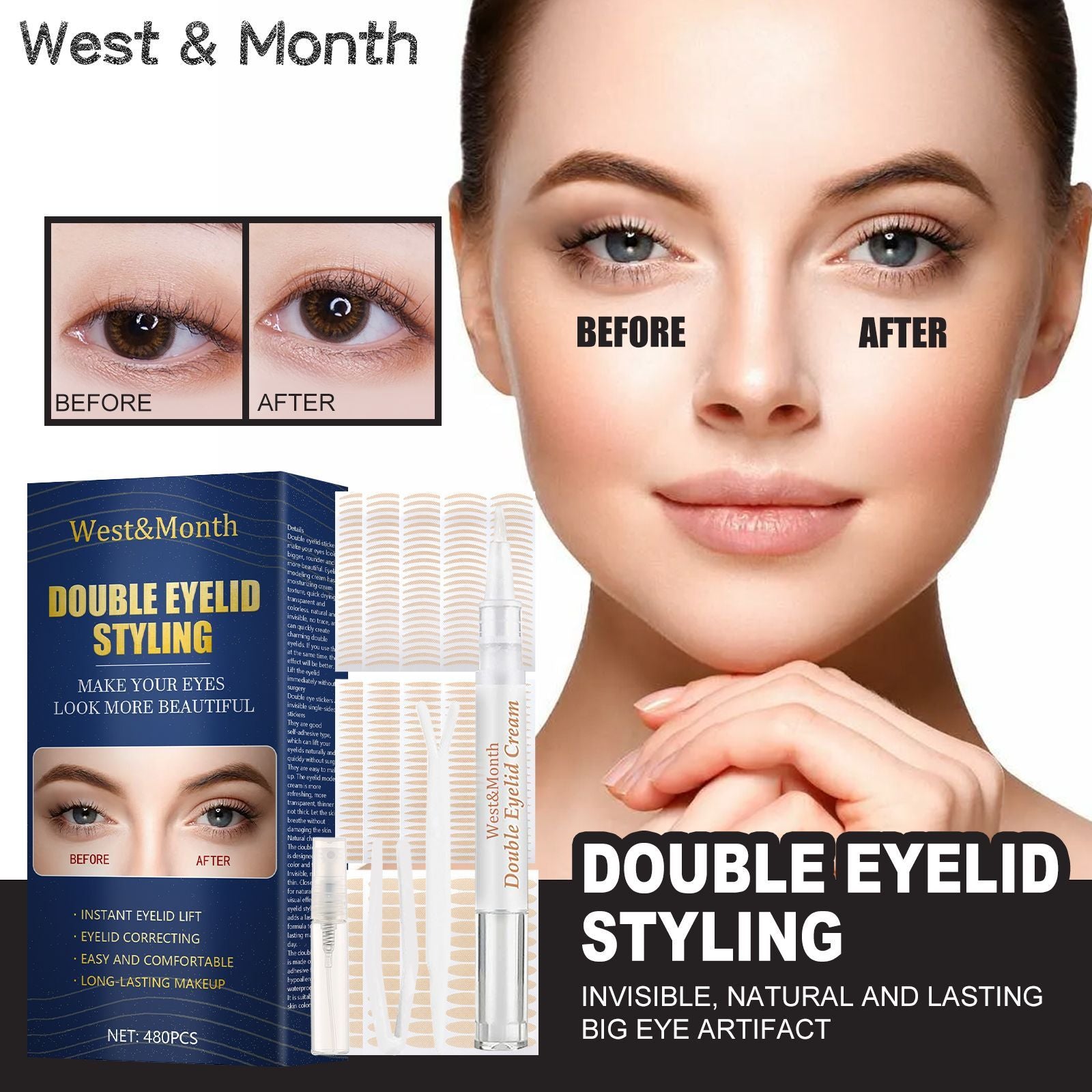 West&Month Double Eyelid Tape - Invisible, No-Glue, Natural Mesh Adhesive, Activates With Water, Beautiful Eyes, Olive Shaped Lace - DropOnline.co