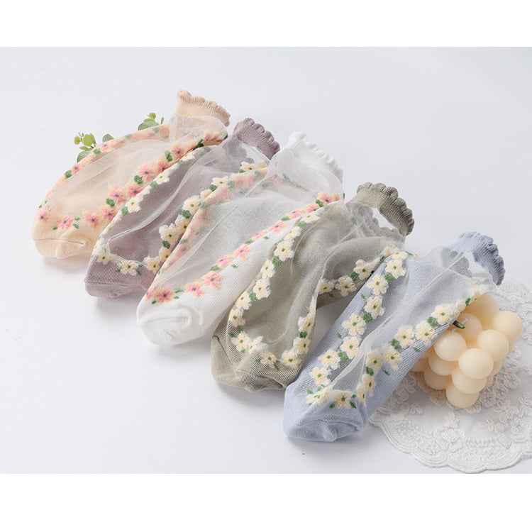 Women's Thin Spun Glass Lace Crystal Boat Socks - Delicate No-Show Socks