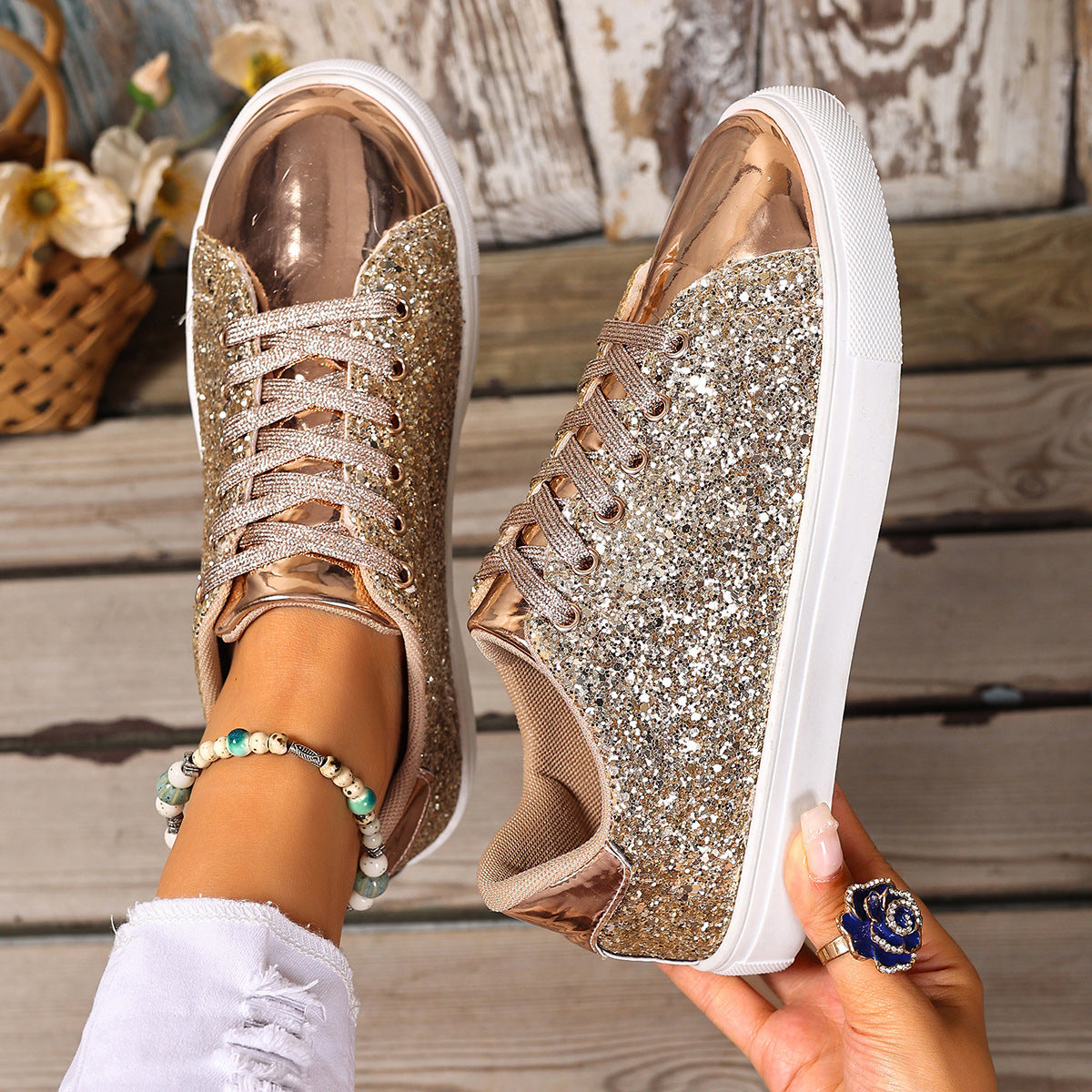 Plus Size Sequined Front Lace-up Solid Color Plus Size Board Shoes - DropOnline.co