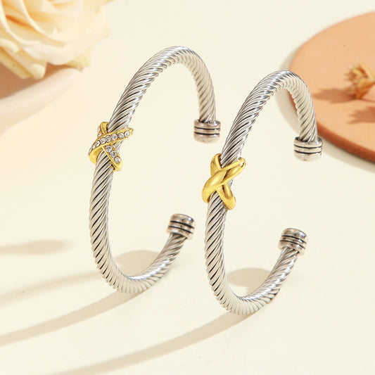 1PCS Fashionable Personalized 8-character Cross Steel Wire Bracelet,Open Bracelet, Simple Versatile Trendy Diamond Bracelet, Suitable For Men And Women To Wear, Holiday Jewelry Gift - DropOnline.co