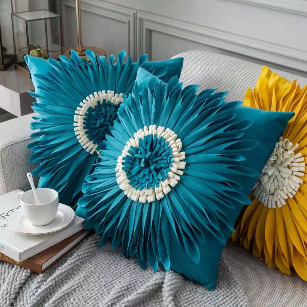 Fashion Modern Style White Throw Pillows Velvet Stitching 3D Chrysanthemum Cushion Waist Pillow Blue Cushion Case - DropOnline.co