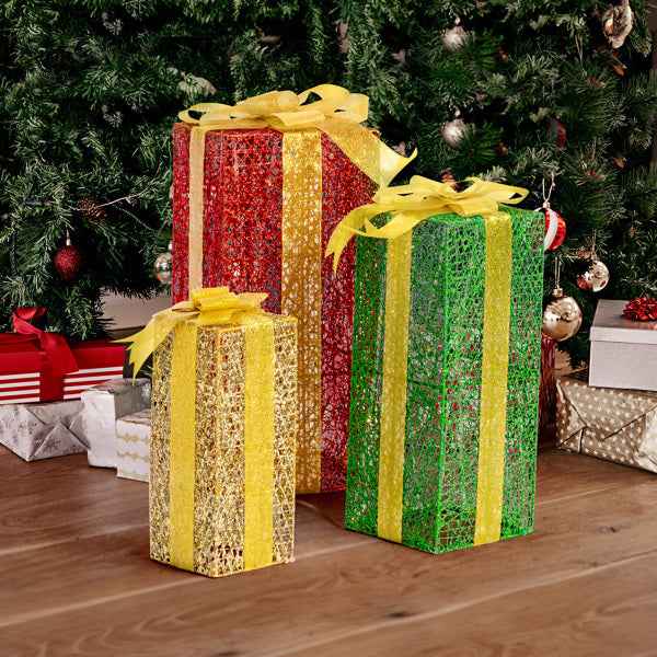 3pcs Green Gold Christmas Lighting Gift Box - 18in-15in-11in Stacking Set - DropOnline.co