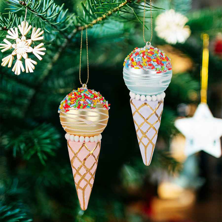 Glass Ice Cream Cone Christmas Ornament - Decorative Pendant Tree Decoration (2pc Set) - DropOnline.co