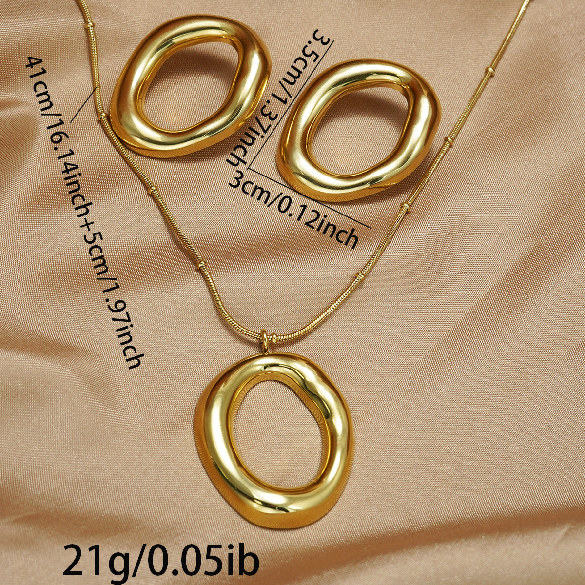 Lxalry 18K Gold Plated Stainless Steel Oval Pendant Jewelry Set For Women - Minimalist Elegant Necklace & Earrings, Hypoallergenic, Waterproof, Tarnish-Free, Ideal Gift For Birthday, Wedding, Daily We - DropOnline.co
