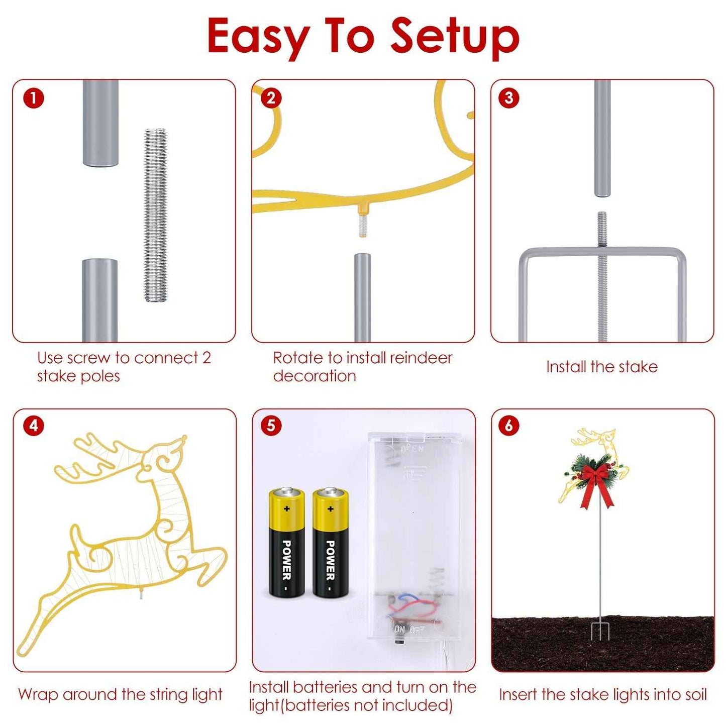 2Pcs Christmas Lighted Reindeer LED Pathway Stake Lights - Battery Powered Outdoor Decor