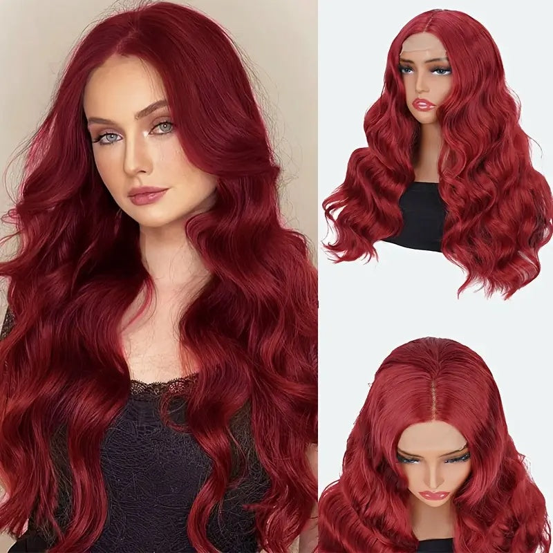 Elegant 24 Inch Red Wavy Synthetic Wig For Women, 4x1 Front Lace, High Temperature Fiber, Middle Part, Natural Look, Breathable, Comfortable, Versatile For Cosplay & Daily Use, All Ethnicities - DropOnline.co