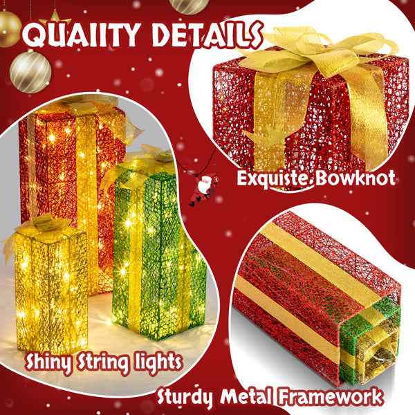 3pcs Green Gold Christmas Lighting Gift Box - 18in-15in-11in Stacking Set - DropOnline.co