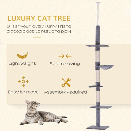 PawHut 9' Adjustable Height Floor-To-Ceiling Vertical Cat Tree - Grey And White - DropOnline.co
