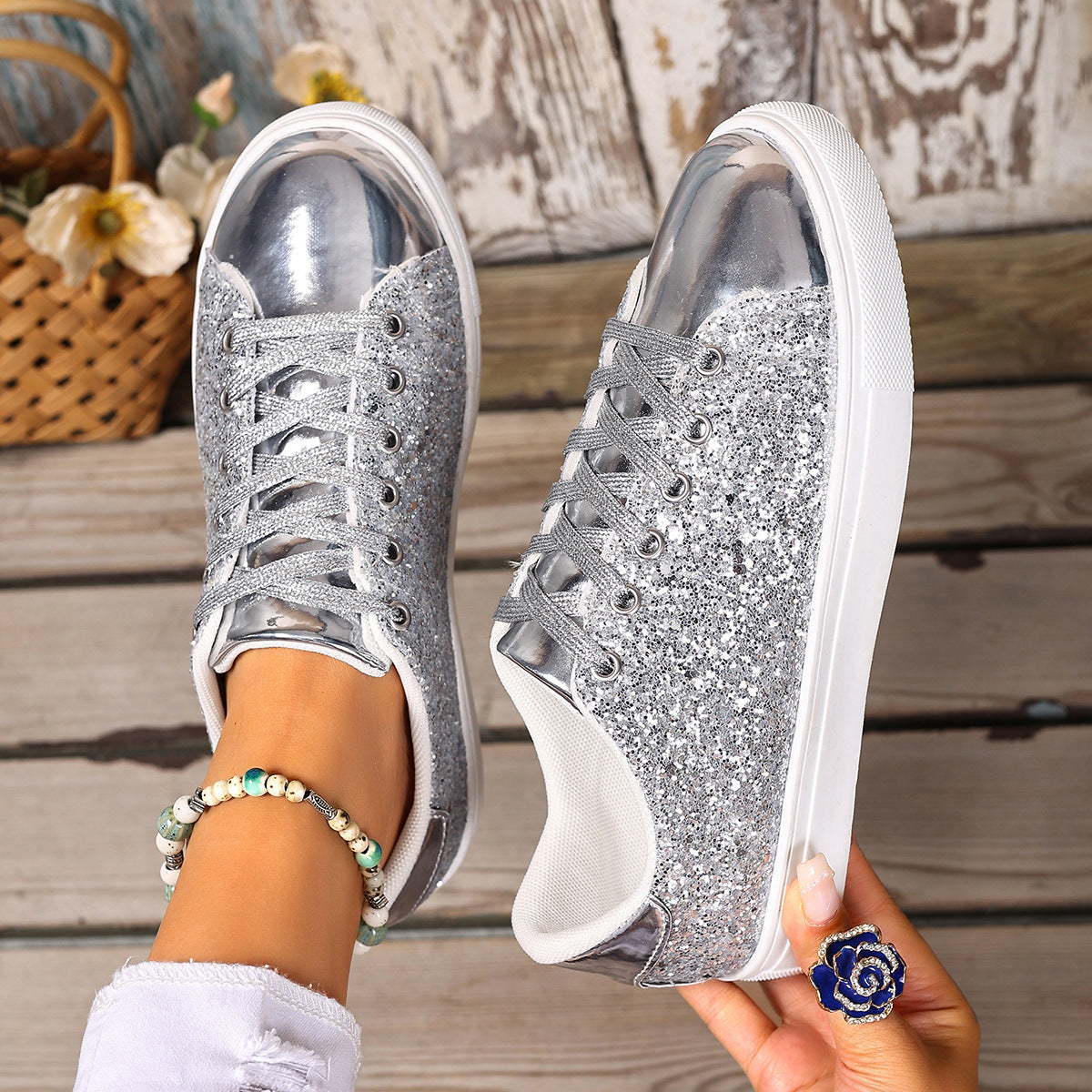 Plus Size Sequined Front Lace-up Solid Color Plus Size Board Shoes - DropOnline.co