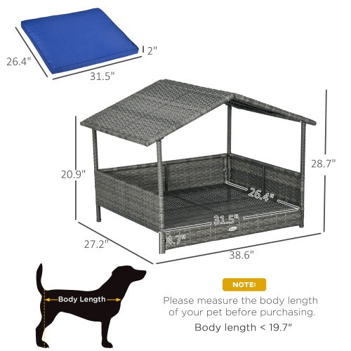 PawHut Wicker Dog House Outdoor With Canopy, Rattan Dog Bed With Water-resistant Cushion, For Small And Medium Dogs, Dark Blue - DropOnline.co