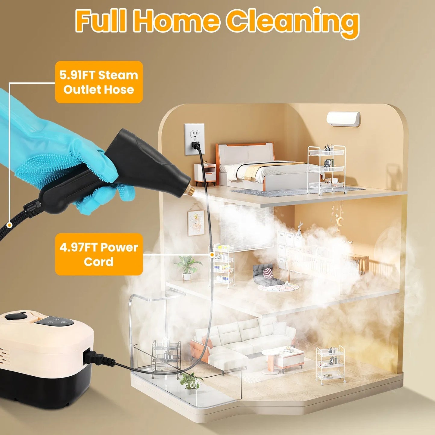 1500W Handheld High Temperature And Pressure Steamer Cleaner With 1200ML Tank 8 Accessories 6 Steam Levels Digital Display Handle Control For Dirt Grease Grout Tile Floor Couch Car - DropOnline.co