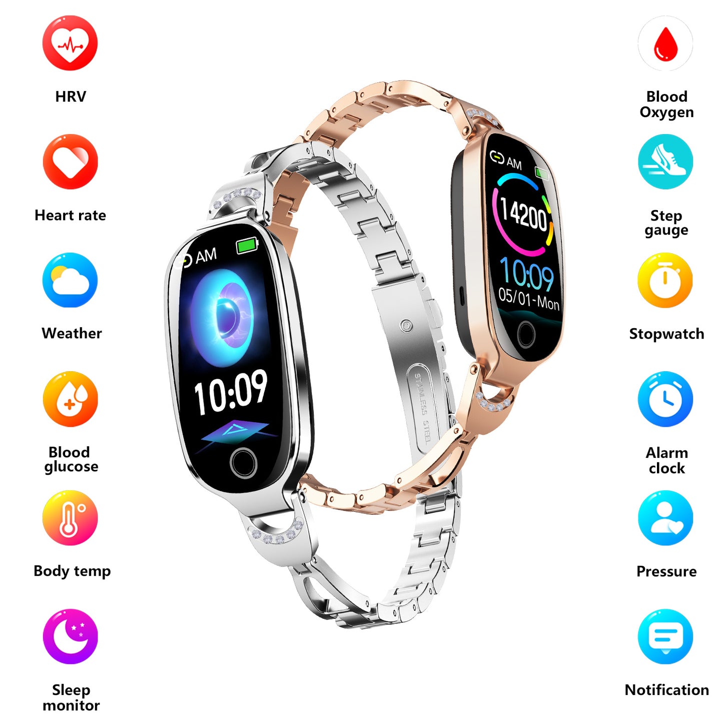 Gold Smartwatch For Women Compatible For Android& IOS,Bling Smart Bracelet With Female Menstrual Cycle Heart Rate Blood Pressure Remote Photography Waterproof Pedometer - DropOnline.co