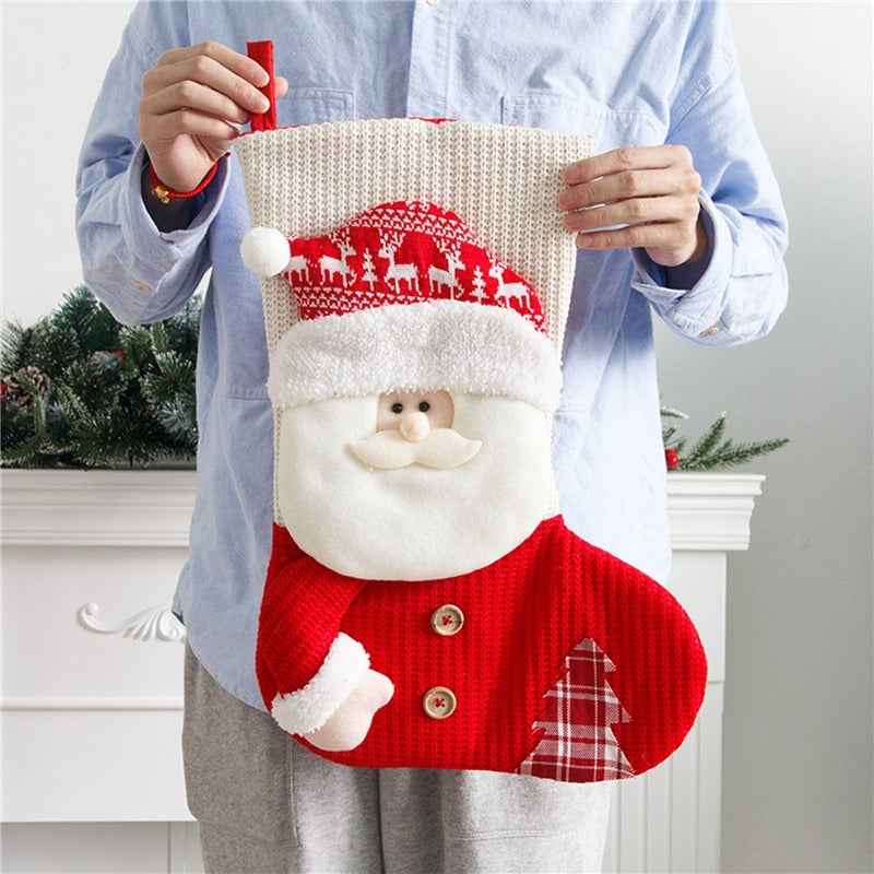 Large Knitted Christmas Stocking - Red White Santa Snowman Fireplace Decor Socks (46x32cm) - DropOnline.co