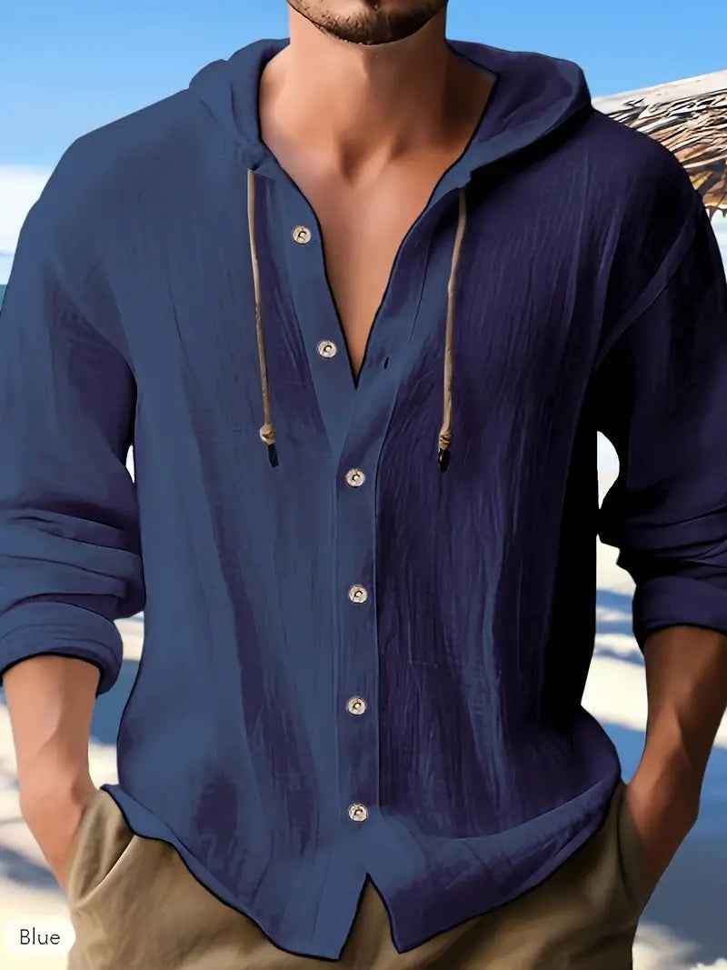 Men's Button-Down Drawstring Hooded Top - Long Sleeve Lightweight Jacket