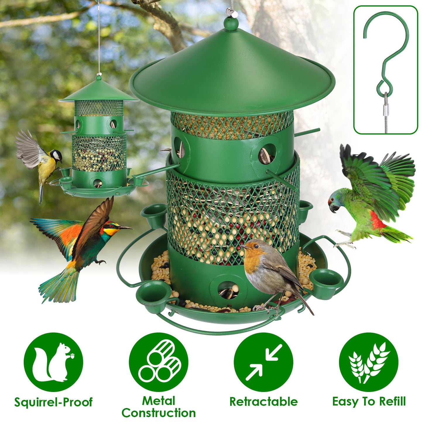 1Pc Wild Bird Feeder Squirrel-Proof Chew-Proof Metal Bird Seed Feeder Outdoor Hanging Bird Feeder With 360 Degree Circular Perches Water Cups For Yard Garden Patio - DropOnline.co