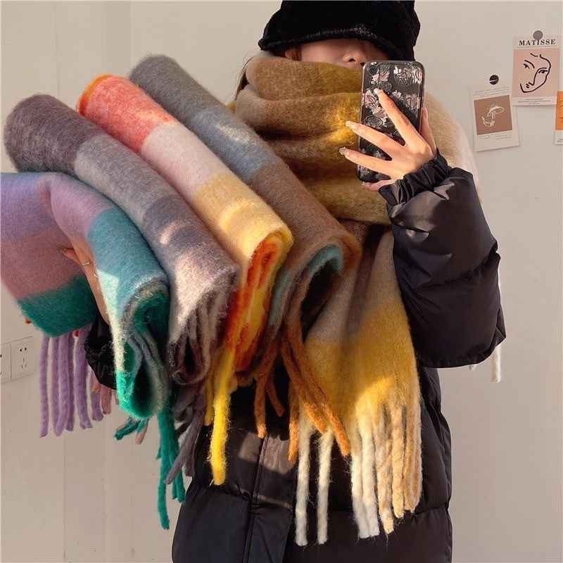 Women's Plaid Tassel Scarf - Rainbow Color-Blocking Shawl
