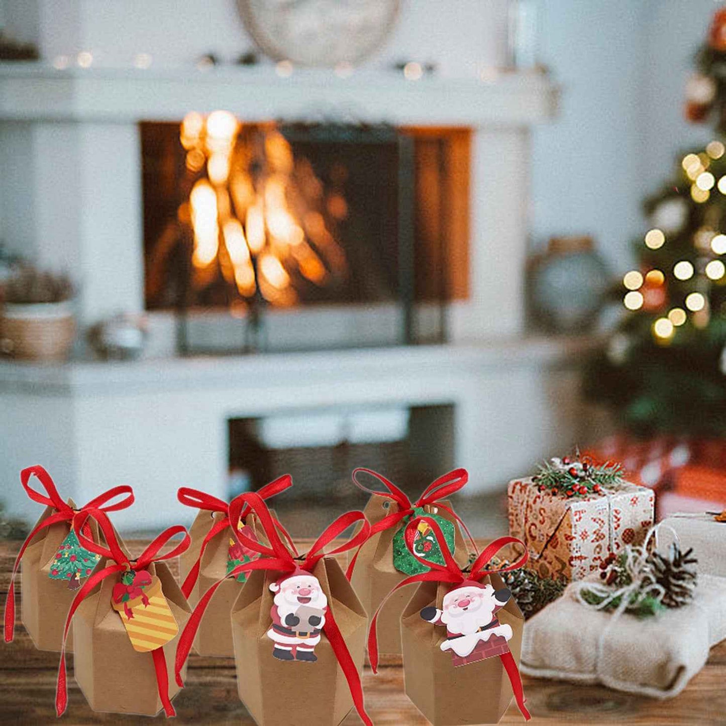 24 Pcs Christmas Treat Boxes with Cards & Ribbon - Xmas Tree Santa Kraft Paper - DropOnline.co