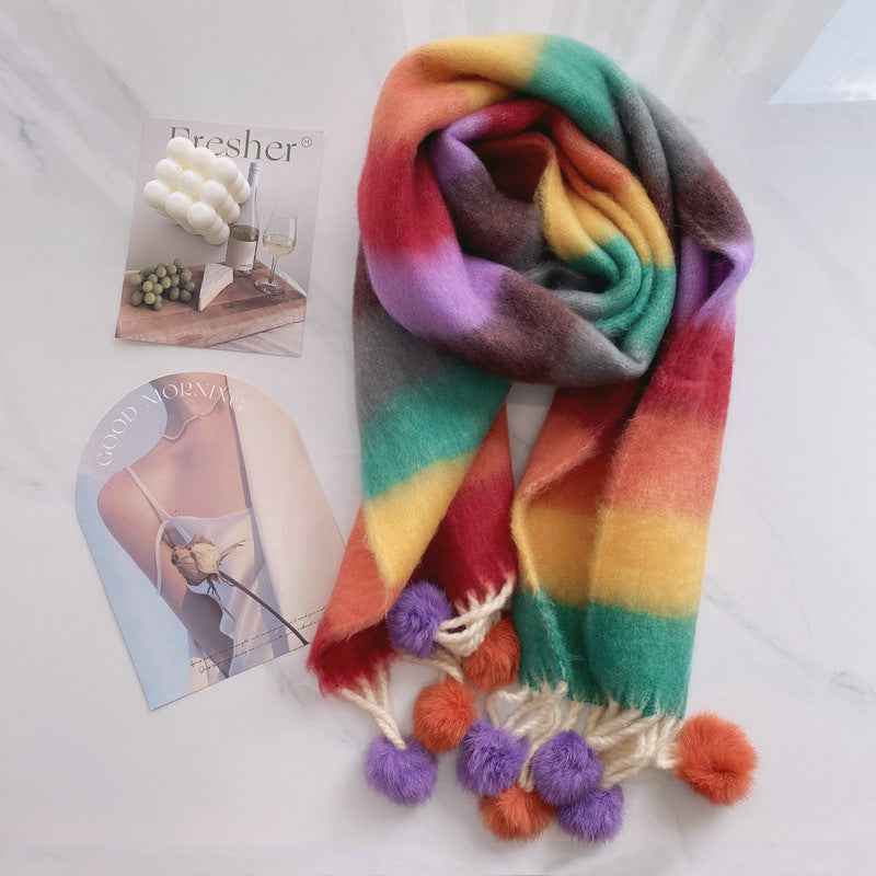 Rainbow Dopamine Mohair Tassel Scarf - Mood-Boosting Colorful Wrap