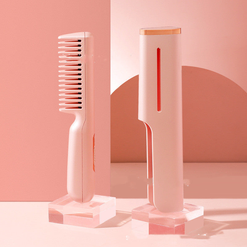 2-in-1 Wireless Hair Straightener & Curling Comb | USB Rechargeable Negative Ion Smoothing Brush