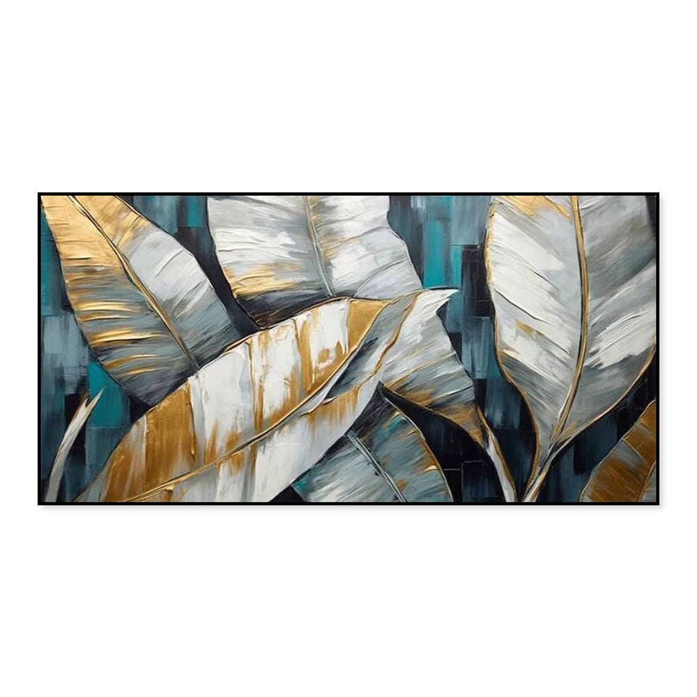 Handmade Oil Painting Canvas Wall Art Decoration Abstract Large Golden Green Banana Leaves Pictures Modern Family Bedroom Decor Rolled Frameless Unstretched Painting - DropOnline.co