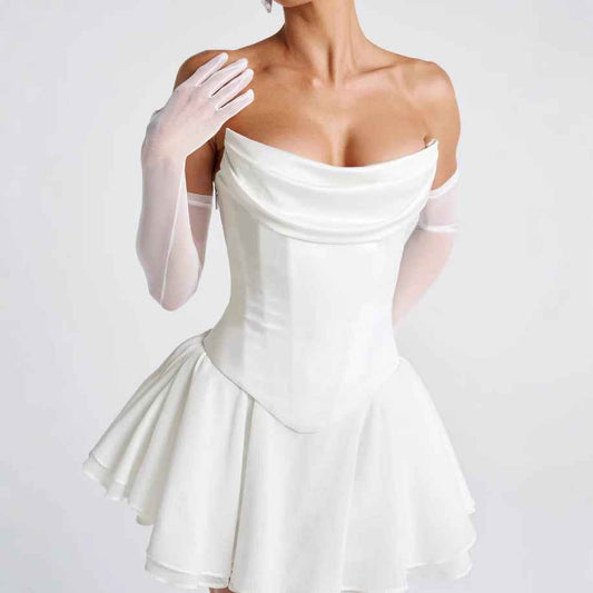 French Solid Color Tube Top Dress With Sleeves