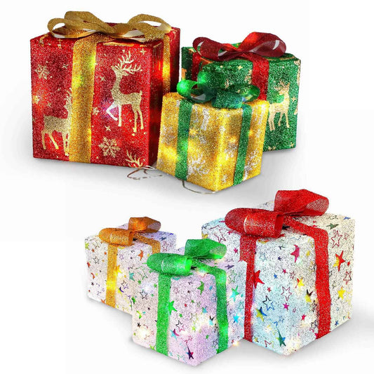 Set of 3 Christmas Lighted Gift Boxes - 50 LED Star/Deer Pattern IP44 Waterproof - DropOnline.co