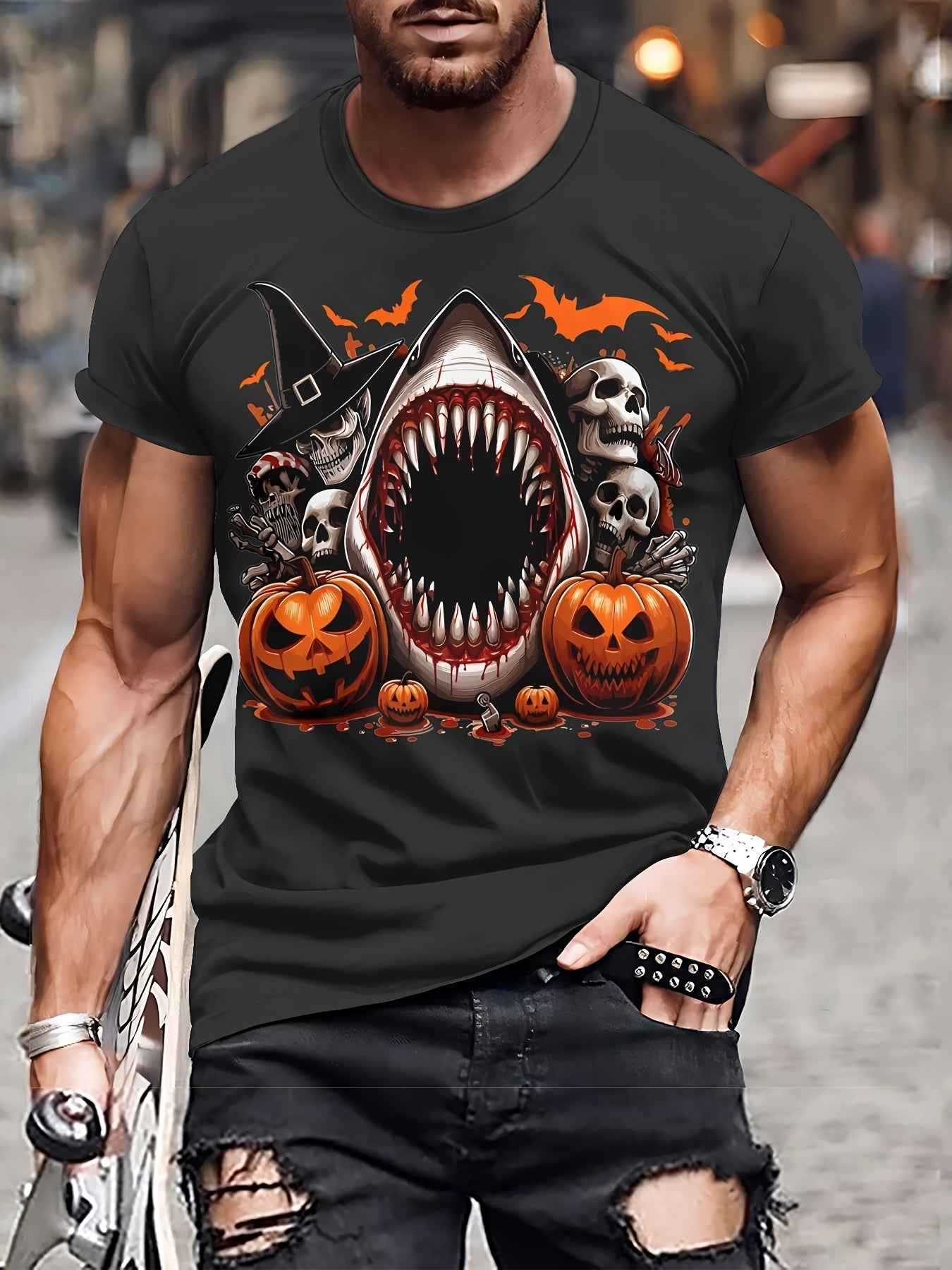 Men's 3D Shark & Halloween Pumpkin T-Shirt - Casual Polyester Graphic Tee