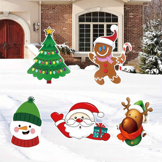 5 Pack Christmas Outdoor Yard Signs with Stakes - Tree Reindeer Santa Gingerbread - DropOnline.co