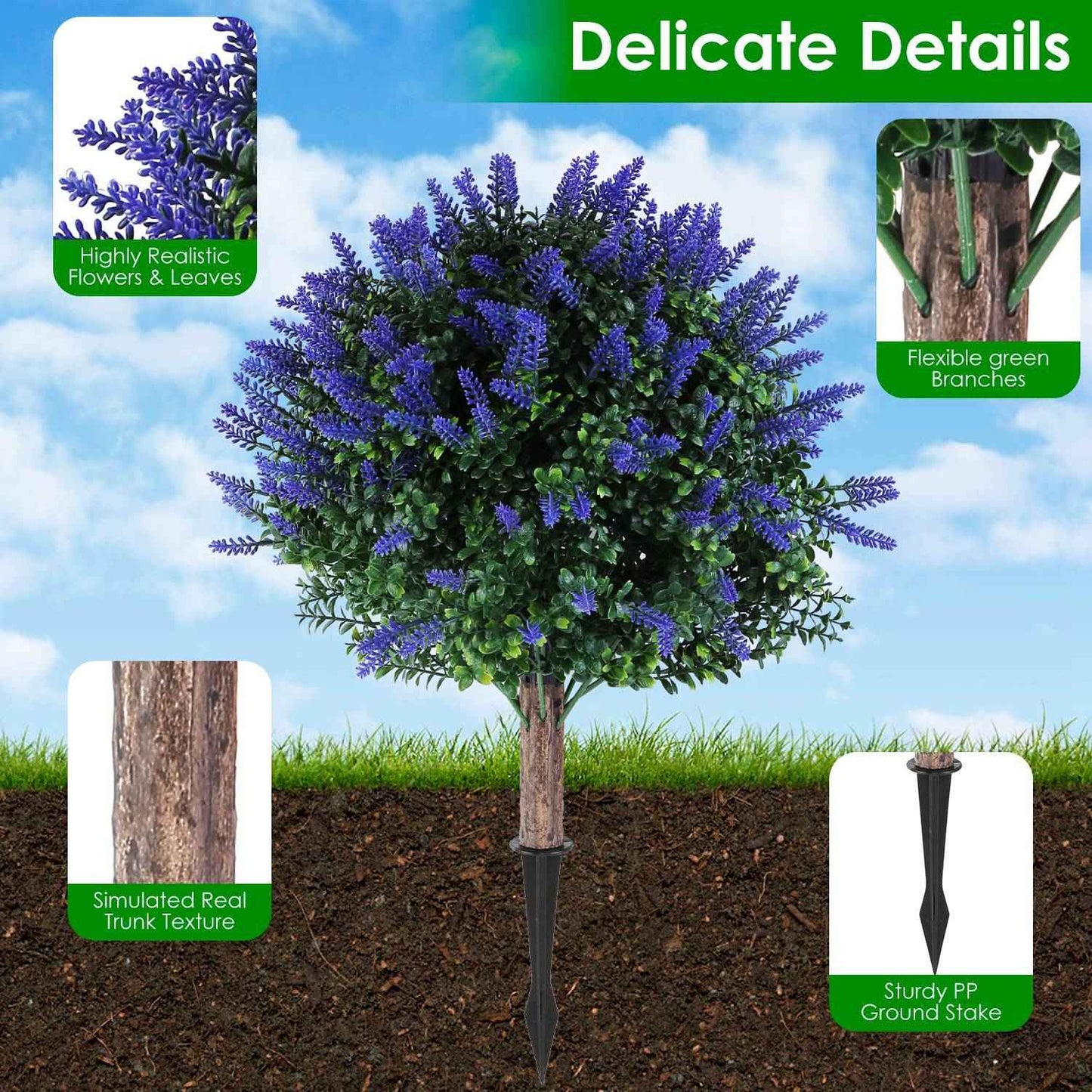 2 Packs Artificial Lavender Topiary Ball Trees - UV Resistant with Ground Spike - DropOnline.co