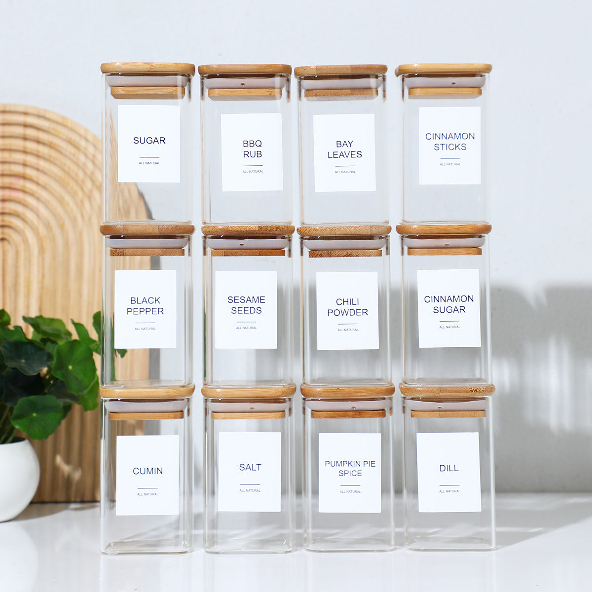 12 Pcs Square Spice Jars With 72 Stickers, Kitchen Pepper Jars For Salt Seasoning, Snacks, Tea, Coffee - DropOnline.co